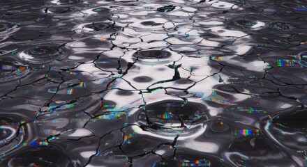 Fototapeta premium A chaotic pool of molten silver chrome ripples with digital artifacts and jagged fractures, creating an unstable and corrupted metallic surface, corrupted, chaotic, sharp
