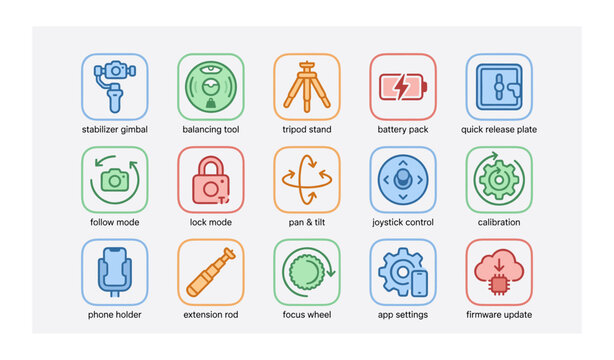 Camera equipment icons set including stabilizer and tripod stand