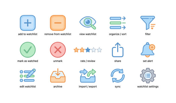 User interface icons for watchlist and review management