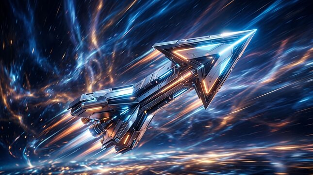 Futuristic digital spaceship with glowing lights flying through cosmic space environment