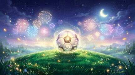Fototapeta premium Magical glowing soccer ball on grassy hill with colorful fireworks in night sky