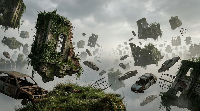 Surreal scene of floating ruined buildings and abandoned cars over misty landscape