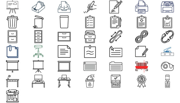 Mega Vector Icon Set of 43 Office Workspace Elements. Minimalist Flat Line Art Bundle featuring Printers, Scanners, Filing Cabinets, Document Trays, Whiteboards, Stationery, and Business Tools for UI.