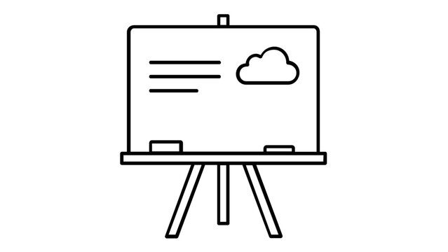 Minimalist vector line icon illustration of a presentation whiteboard on an easel featuring a cloud symbol and text lines, representing cloud computing concepts, business strategy, or education.
