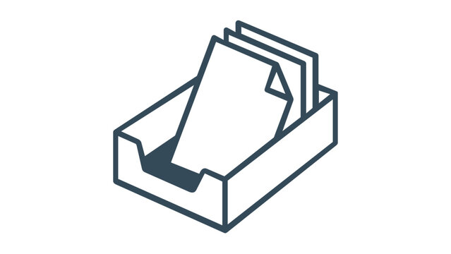 Minimalist vector icon illustration of a desk inbox or paper tray containing documents. Clean line art design representing office organization, workflow, and business administration tasks.