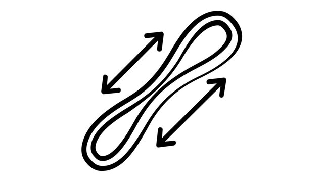 Minimalist elastic rubber band vector icon illustration. Black line art of a stretchy loop with arrows indicating expansion and flexibility. Office supply and stationery symbol for tension.