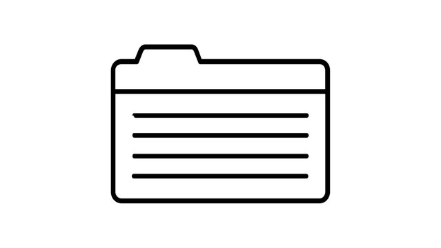 Minimalist black line vector icon illustration of a file folder with document lines, representing office organization, data storage, archive management, and professional digital workspace filing.