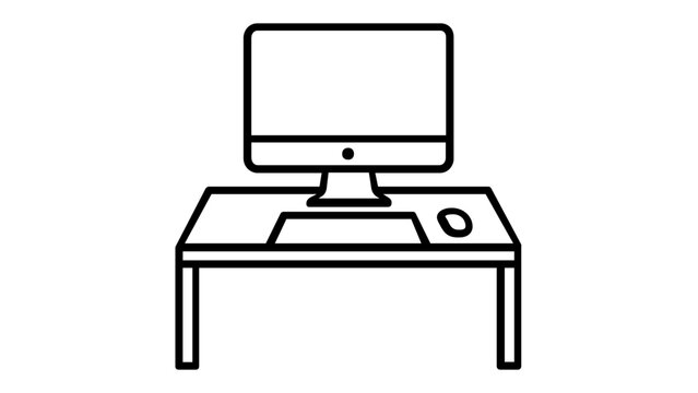 Minimalist vector icon illustration of a modern computer workstation on a desk featuring a monitor, keyboard, and mouse, ideal for office, business, and technology concepts, AI-generated line art.