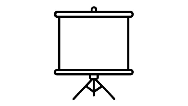 Professional minimalist black and white line vector icon illustration of a portable projector screen on a tripod stand, ideal for business presentations, office meetings, and education.