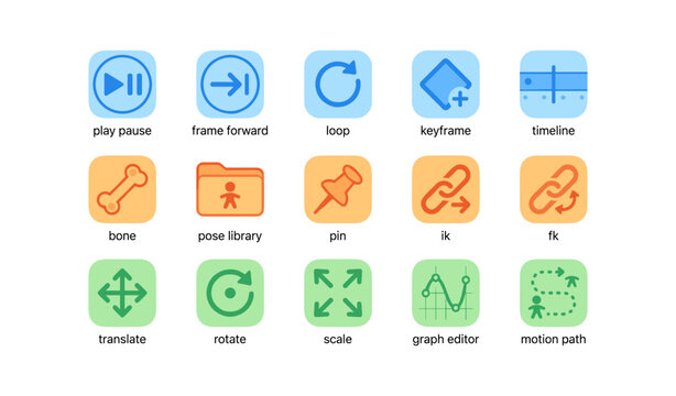Animation software icons for animation process and tools