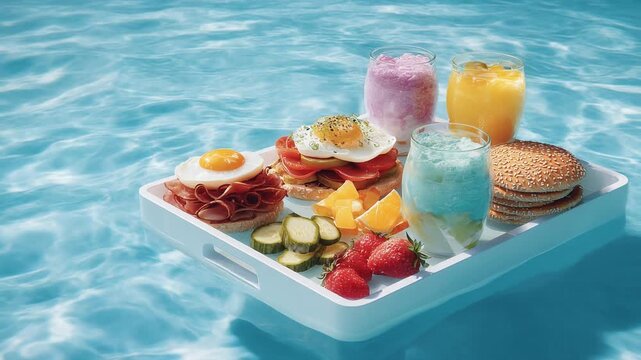 Breakfast tray floating in blue water outdoors with food and drinks