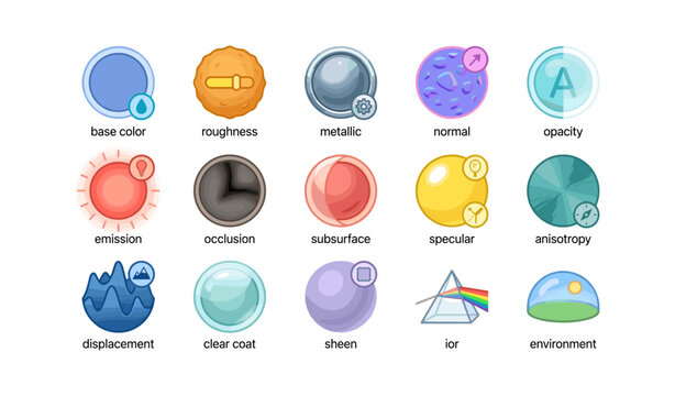 Collection of material icon textures including metallic, opacity, emission, and displacement