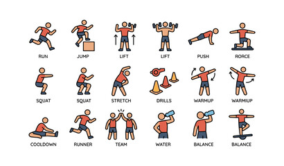 Fototapeta premium Cartoon fitness icons showing exercise types with diverse characters