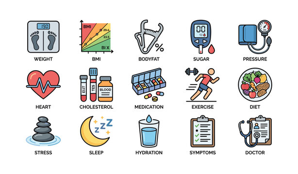Health and fitness icons: exercise, nutrition, sleep, heart, doctor, hydration, stress, sugar, pressure, bmi, weight, bodyfat, medication