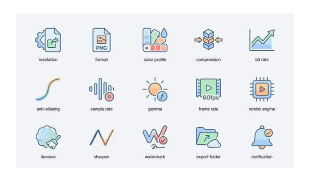 Vector icons representing video editing and audio processing features