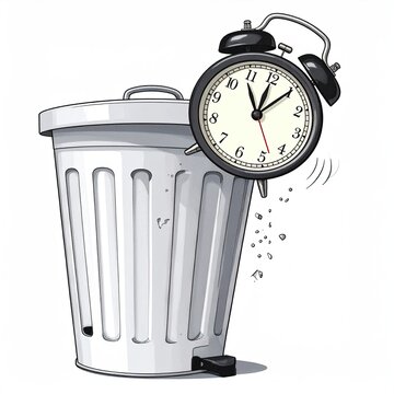 Illustration of a black alarm clock being discarded into a gray trash can depicting the concept of time management and urgency