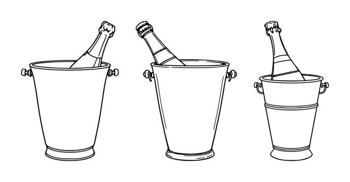 Champagne bucket set with minimalist black line art depicting a polished silver container on a clean white background featuring silver, line art, beverage with glassware and celebration