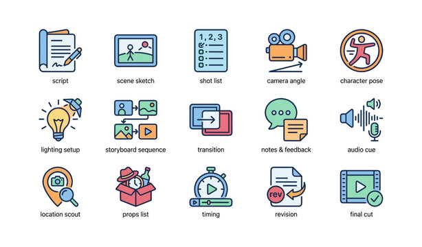 Film production icons: script, camera angle, lighting, storyboard, editing symbols