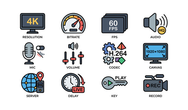 Streaming and recording icons - 4k quality, audio, video settings, fps, codec, live