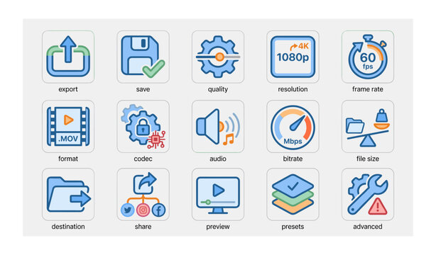 Video editing icons for quality, resolution, and format with codec and audio functions