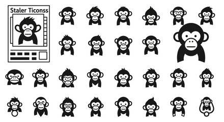 Monkey icons, black and white, vector illustrations, 25 monkey faces, sticker set © Professor