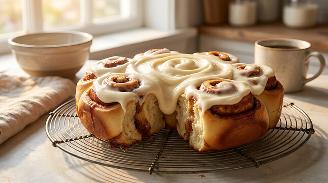 Warm Cinnamon Buns Frosted with Creamy Icing on a Cooling Rack