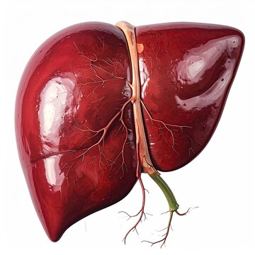 Illustration of a human liver showing the two major lobes veins and hepatic ducts on a white background; anatomical liver illustration