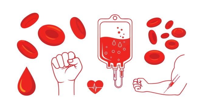 Blood donation icon set featuring red blood cells and transfusion bag