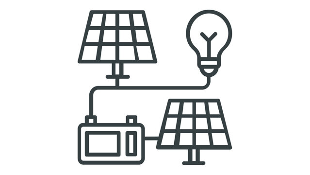 Solar energy system vector icon illustration featuring photovoltaic panels connected to a light bulb and battery storage for sustainable renewable power generation and green electricity concept.
