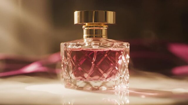 Luxury perfume bottle with pink liquid.