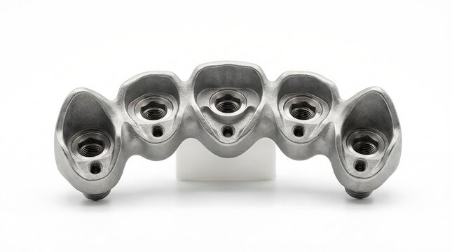 Metal framework for dental bridge implant restoration on white surface.