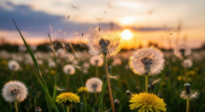 Dandelion field at sunset with golden sunlight and fluffy seeds.