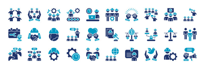 Obraz premium international labor day icon set collection in glyph duotone style. icon set consist of worker group, diverse workers, labor team, industrial worker, office worker, labor day, solidarity.