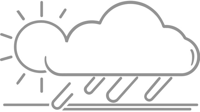 Outline Weather Icon: Sun with Rain Cloud. Simple Line Art Symbol for Partly Sunny Showers Forecast and Meteorology Graphic Element.