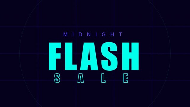 Midnight Flash Sale animated text, neon cyan typography on dark background, promotional retail marketing video for e-commerce and digital storefronts