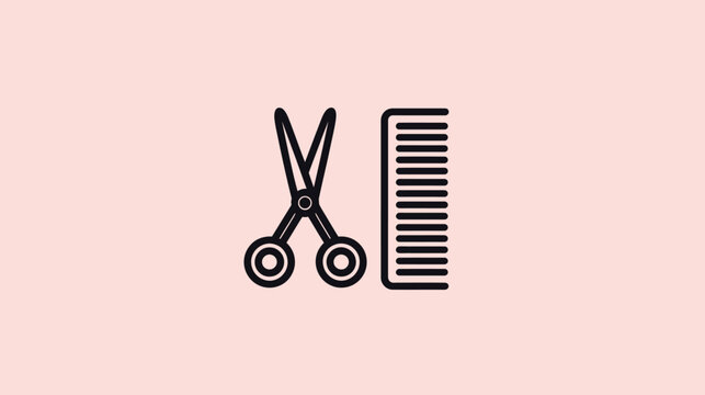 Hairdressing salon tools icon with scissors and comb, line art vector symbol for barber shop or beauty business on pink background