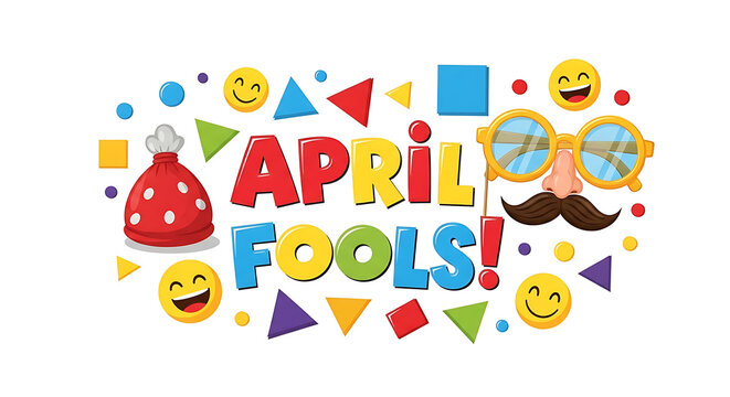 A colorful April Fools' celebration scene with various emojis and shapes floating around the text.