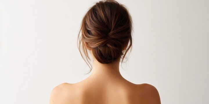 A woman with her hair styled in an elegant updo is shown from the back. This image is suitable for beauty, hair care, and hairstyle-related content.