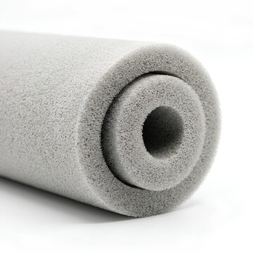 Closeup of a gray foam pipe insulation roll.