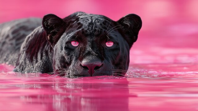 A black panther with striking pink eyes is partially submerged in vibrant pink water. This surreal wildlife image is ideal for creative and artistic projects.