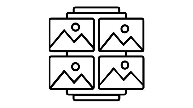 Minimalist macro lens line icon vector illustration featuring a grid of four landscape images, perfect for photography apps, camera interface design, gallery icons, and digital media projects.