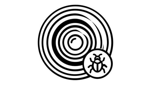 Minimalist vector illustration of a camera lens icon with a bug symbol, representing software debugging, technical errors, or digital photography issues in a clean flat line art style.