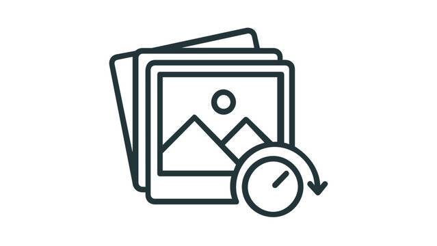 Photo history and image backup vector icon illustration featuring a stack of landscape photographs with a circular arrow clock timer symbol for gallery recovery, editing, or filter application.