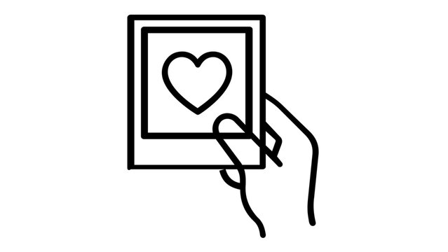 Minimalist vector icon illustration of a hand holding a polaroid photograph with a heart symbol, representing love, memories, social media sharing, and photography. Scalable flat line art design.