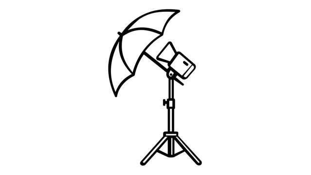 Professional Studio Lighting Equipment Vector Icon with Umbrella Reflector and Tripod Stand, Minimalist Line Art Illustration for Photography, Video Production, and Creative Media Projects.