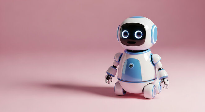 A small robot toy sits on a pink surface in a studio environment.