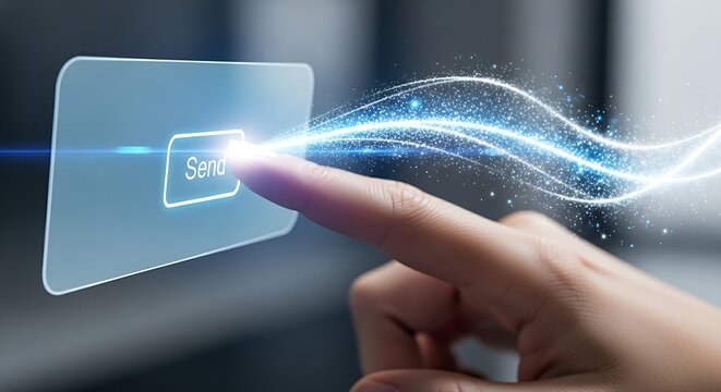 Communication concept. A finger presses a 'Send' button on a holographic email interface. A trail of light shoots out from the button, symbolizing the message being sent.