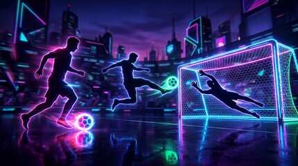 Obraz premium Futuristic glowing soccer players competing in a neon cityscape at night