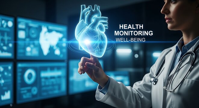 Health monitoring concept. A healthcare professional's hand touches a holographic heart that beats with a steady, healthy rhythm, symbolizing wellness and monitoring.