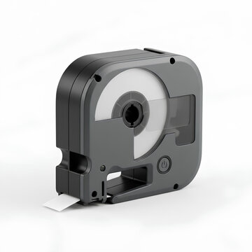 Closeup of a black label maker on a white background studio shot.